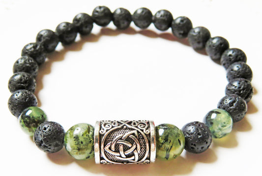 Pánsky náramok z prehnitu, lávy a kovej korálky s keltským motívom / Prehnit, lava and celtic knot bead.